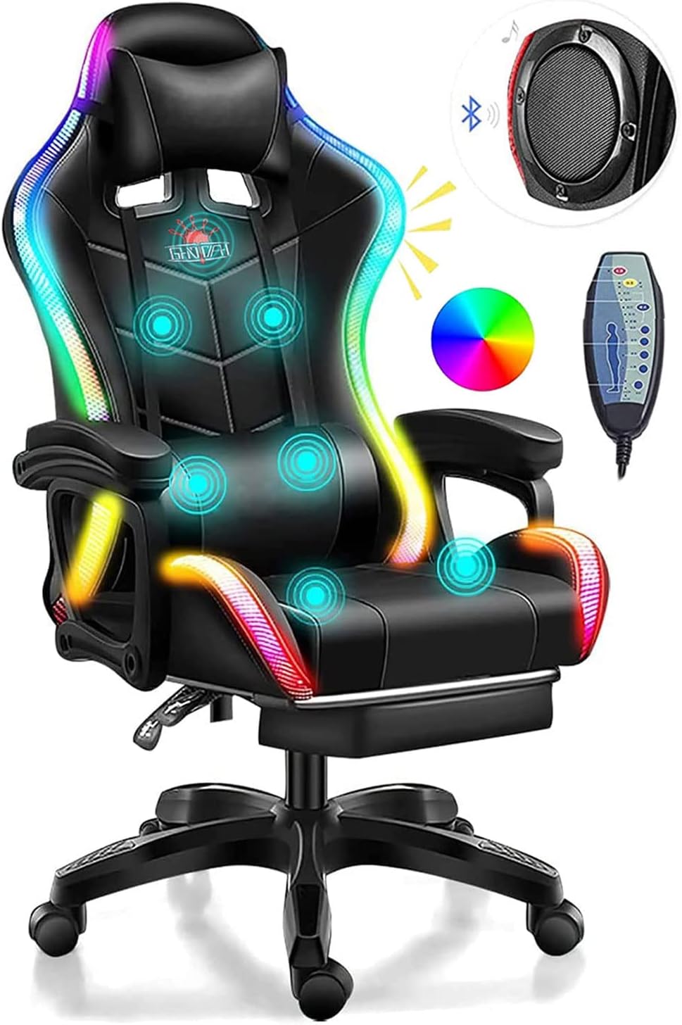 Gaming Chair with LED Light, Full Massage Gaming Chair with Speakers, Ergonomic Pro Computer Gaming Chairs for Adults with footrest Lumbar Support and Backrest Adjustable,B