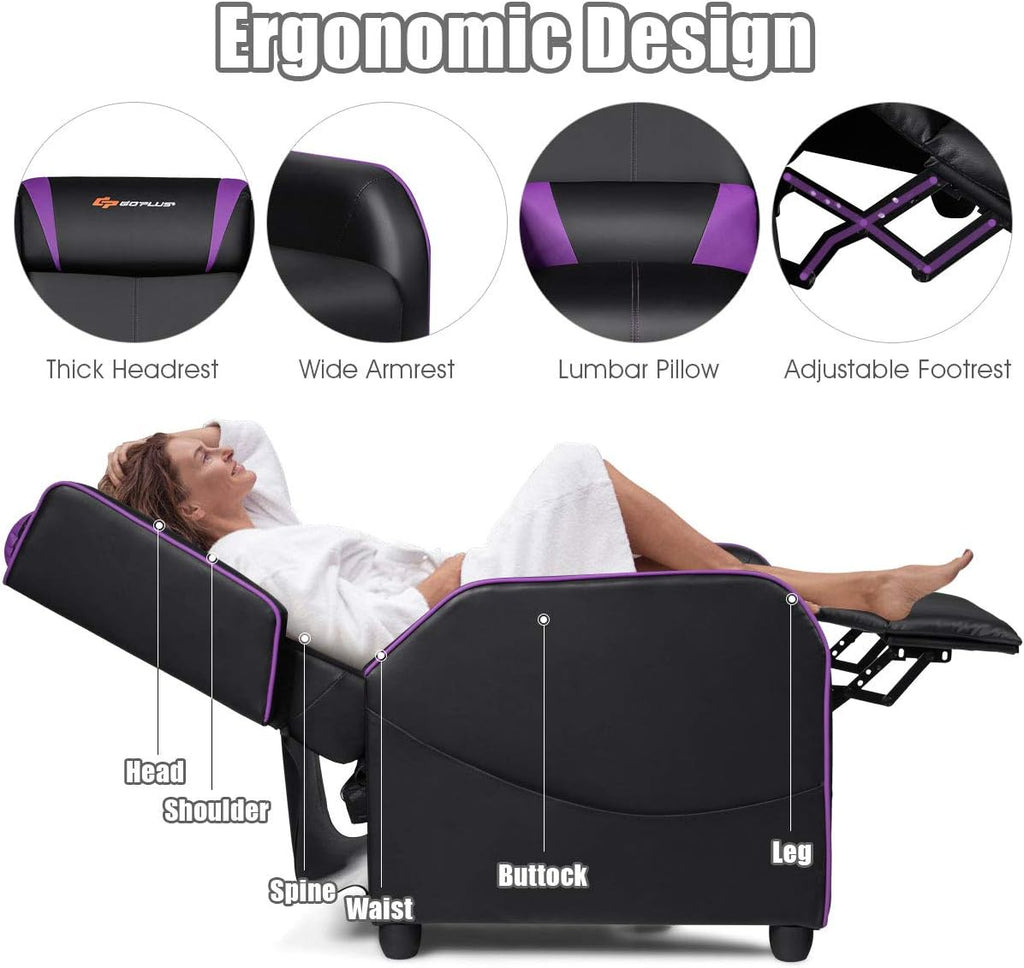 POWERSTONE Gaming Recliner Chair, Reclining Gaming Chairs for Adults Ergonomic Leather Sofa with Footrest Lumbar Support Headrest and Side Pouch for Living Room Home Theater, Purple