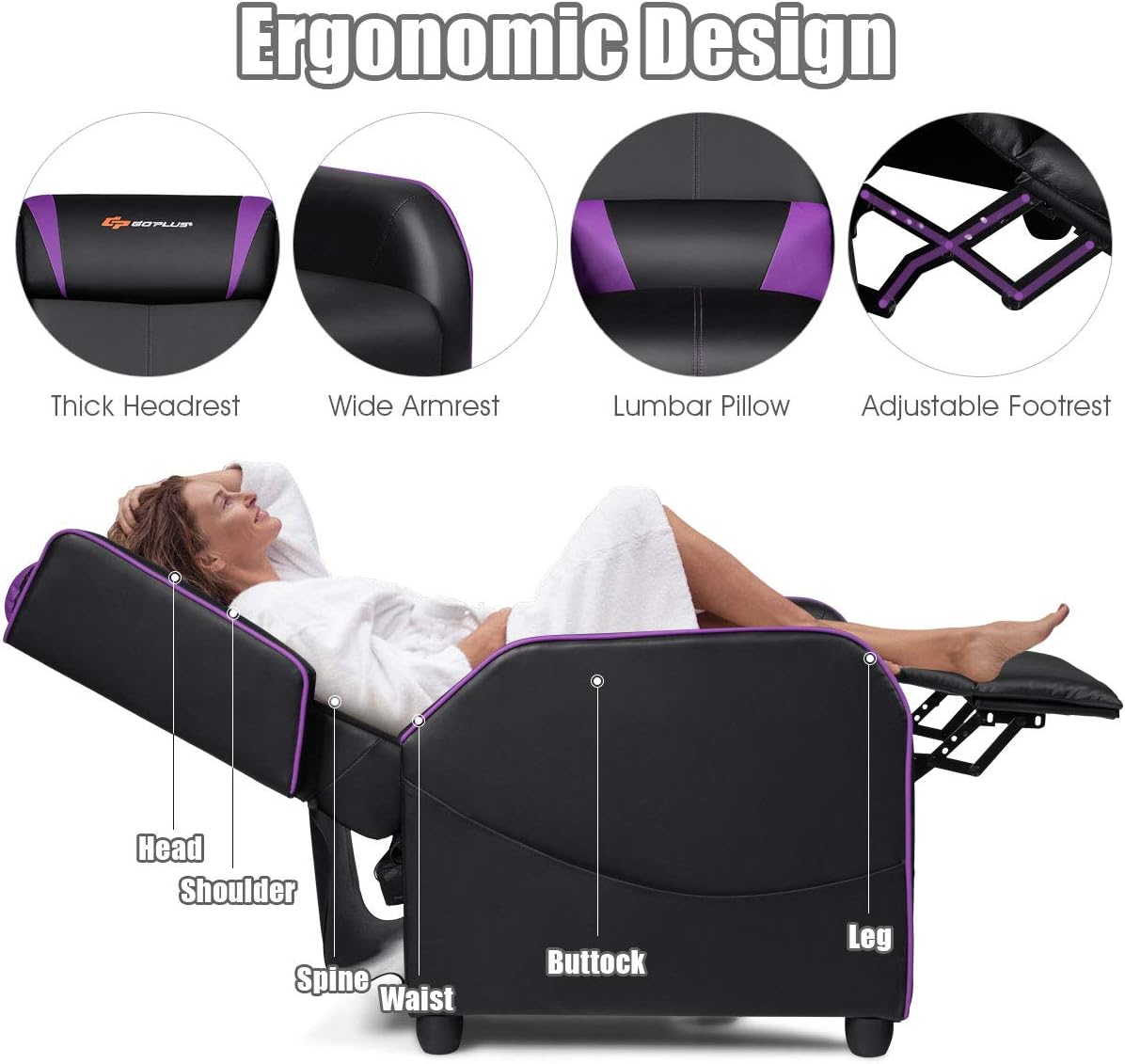 POWERSTONE Gaming Recliner Chair, Reclining Gaming Chairs for Adults Ergonomic Leather Sofa with Footrest Lumbar Support Headrest and Side Pouch for Living Room Home Theater, Purple