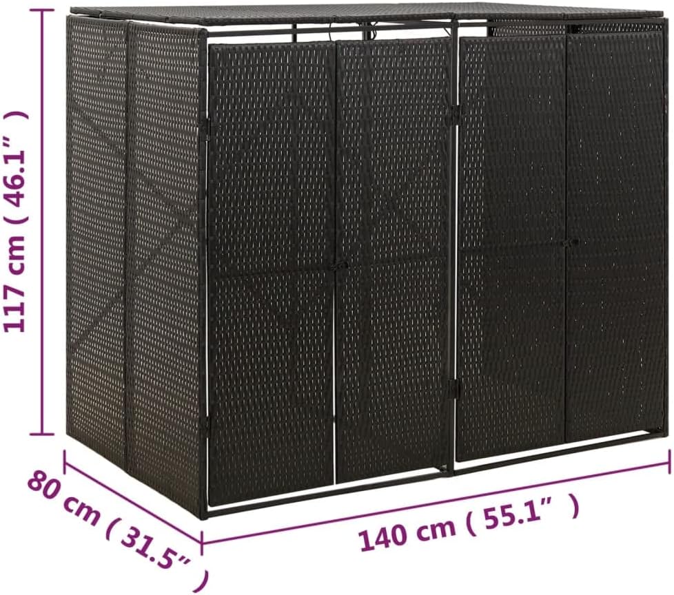 vidaXL Bin Store, Outdoor Trash Can Storage for Garbage Cans, Double Wheelie Bin Shed for Patio Backyard Garden, Black Poly Rattan