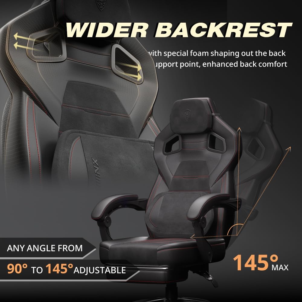 Dowinx PU Leather Gaming Chair with Footrest, 350lb Big and Tall Gamer Chair, Wide Seat Ergonomic Computer Chair with Lumbar Massage Support, Wide Back Office Chair for Heavy People, Deep Black