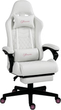 Vinsetto High Back PU Leather Gaming Chair, Racing Computer Chair with Swivel Wheels, Retractable Footrest, Headrest, Lumbar Support, and Armrest, White and Pink