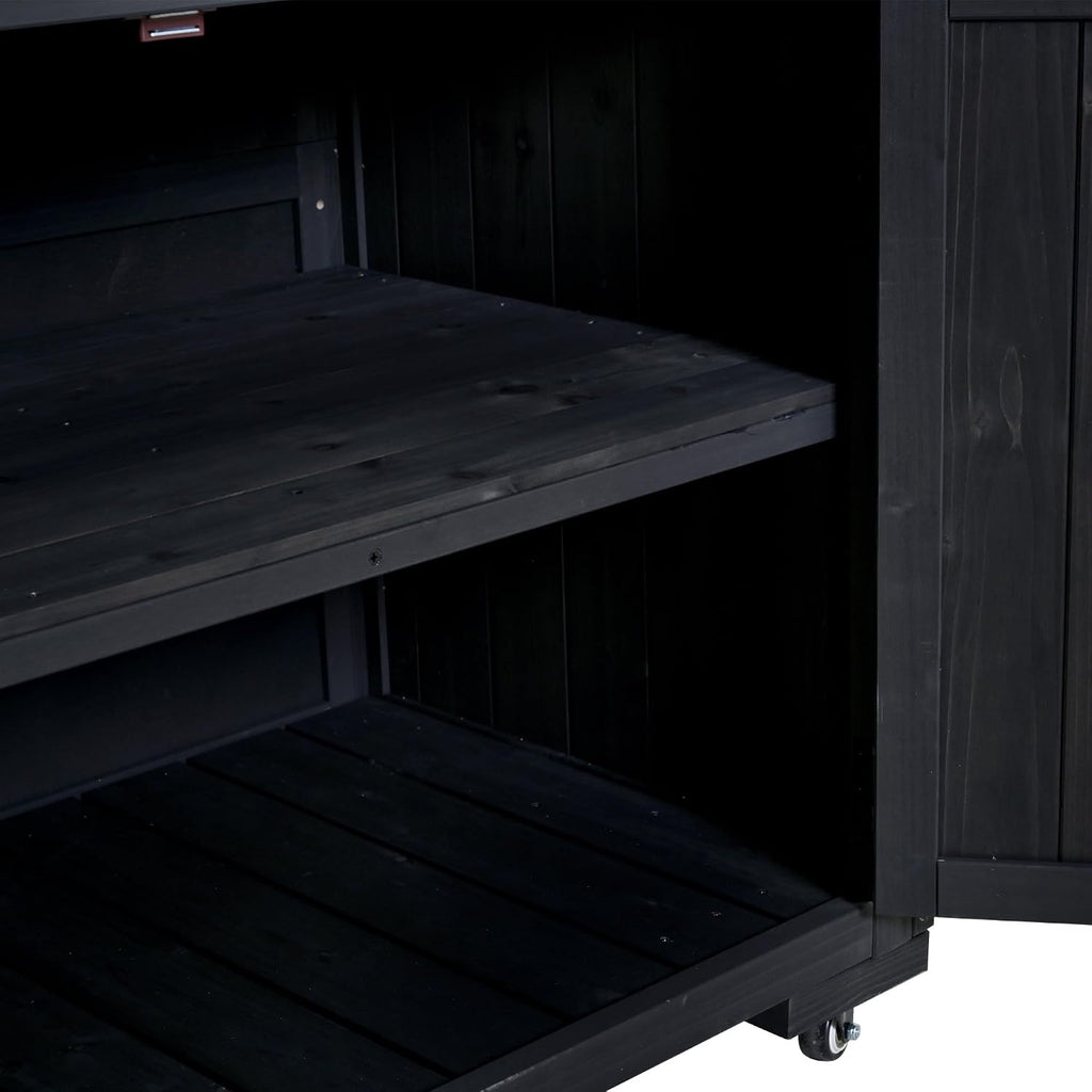 64.9'' H Large Patio Kitchen Island Solid Wood Kitchen Cart, Grill Prep BBQ Table, Garden Potting Bench with Stainless Table Top, 3 Movable Shelves and 2 Drawers (Black-64.9'')