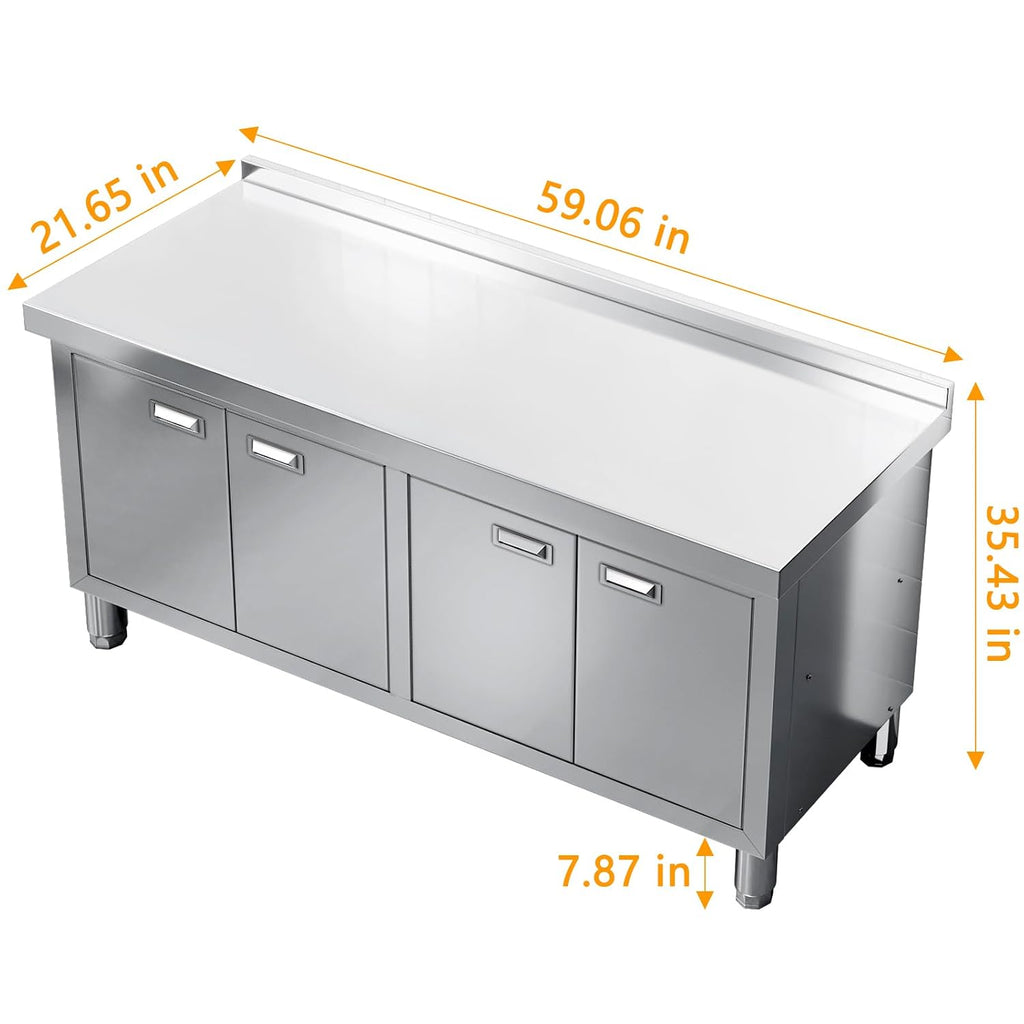 WWK 59' x 21' Stainless Steel Prep Table with Cabinet, Commercial Kitchen Table for Prep & Work, Heavy Duty Work Table with 4 Doors for Kitchen, Restaurant, Hotel, Garage and Cafe