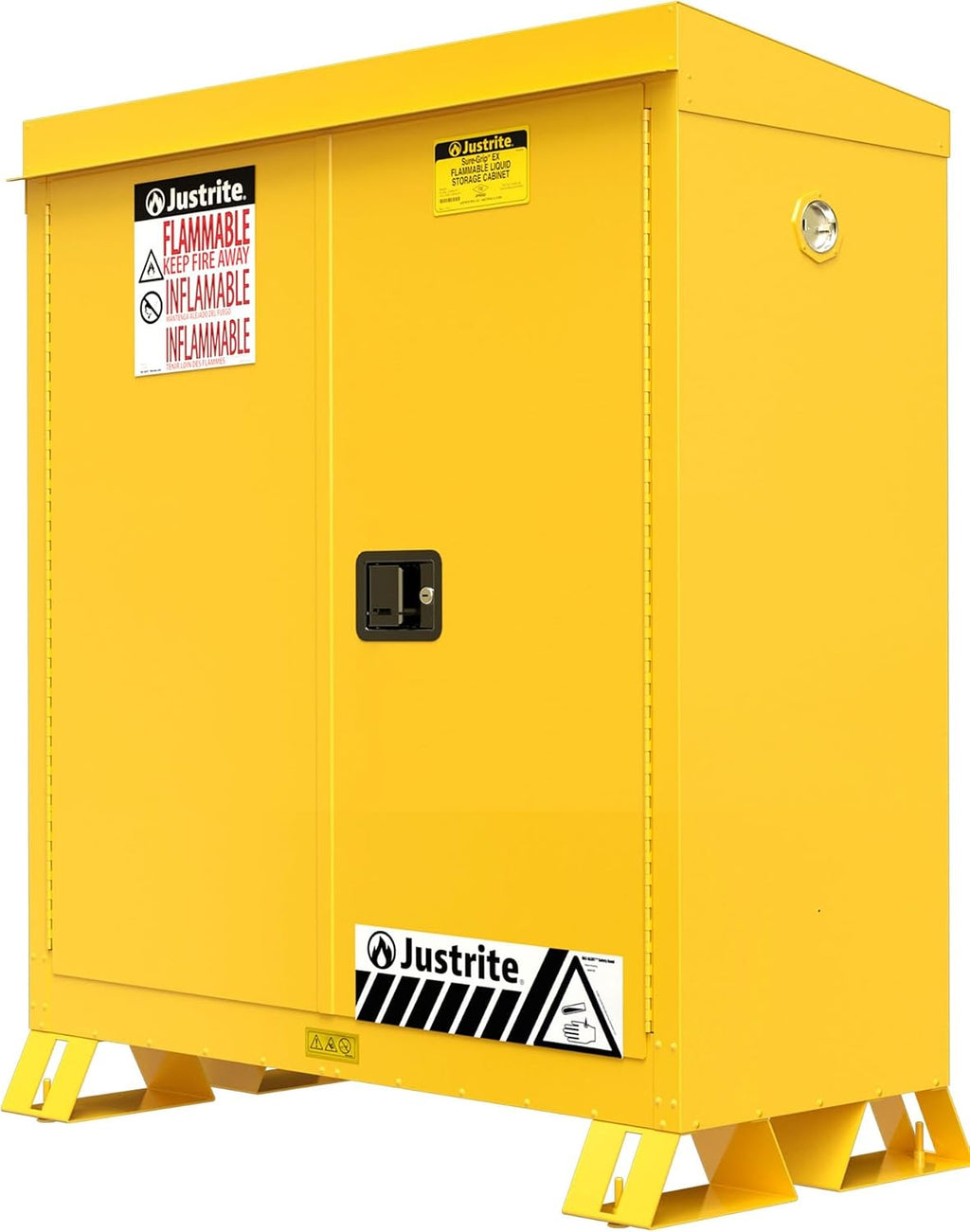 Justrite Reinforced Steel Outdoor Flammable Liquid Storage Cabinet, 2 Shelves with 350 lb. Capacity, 2 Self-Close Door Fire Cabinet, 30 Gallon, 44'x 43'x 18', Made in The USA, Yellow, 813020