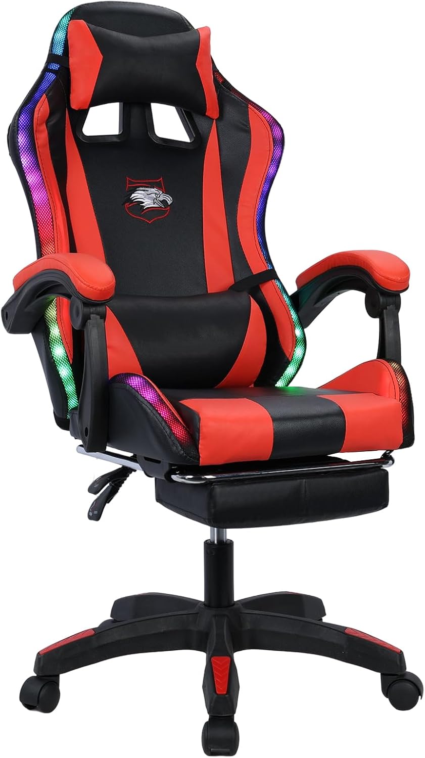 Gaming Chair with Compatible Speakers and RGB LED Lights, Ergonomic Massage Computer Gaming Chair with Height Adjustable, Video Game Chair High Back with Lumbar Support (Black & Red)
