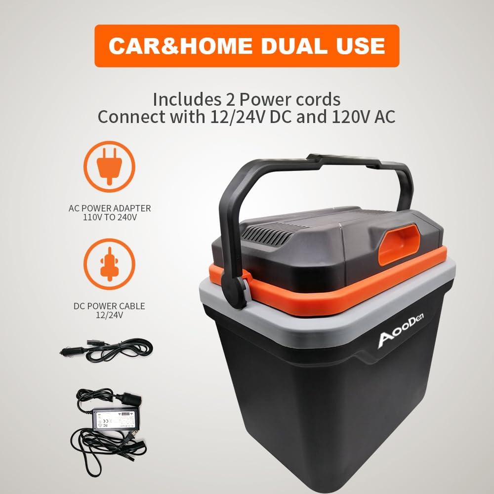Electric Car Cooler and Warmer, 26 Quart Capacity, Thermoelectric Iceless Cooler for Travel, Camping, Vehicles, Truck, Home - 12V DC and 120V AC (Black & Orange)