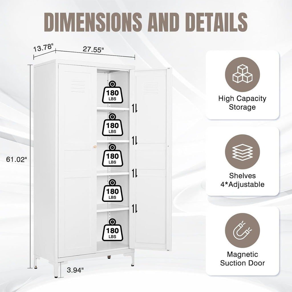 Yizosh Metal Storage Cabinet with 2 Doors and 4 Adjustable Shelves - 61' White Kitchen Pantry Storage 5-Tier Tall Steel Cabinets Locker for Kitchen, Living Room, Dining Room