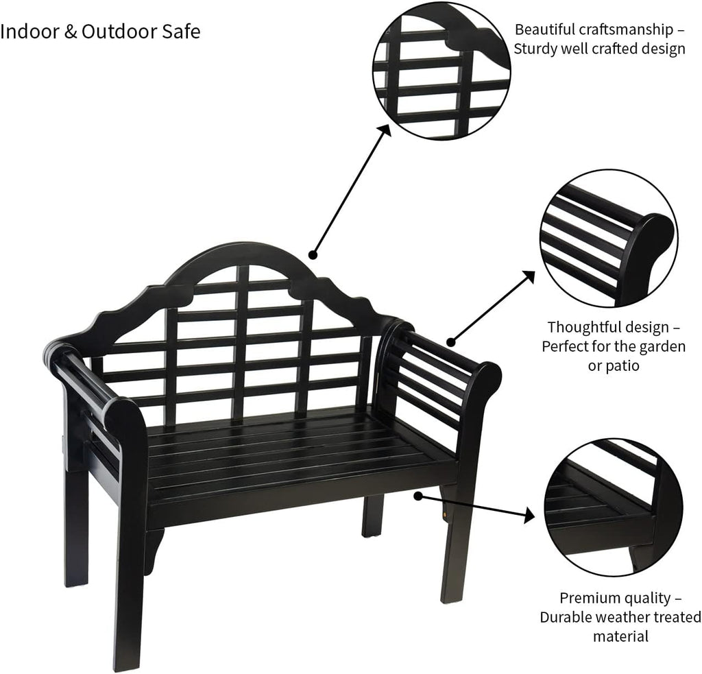 Plow & Hearth Weatherproof Lutyens Eucalyptus Wood Garden Bench | Foldable Patio Bench | Outdoor Furniture Seating for Porch Park Deck | Black