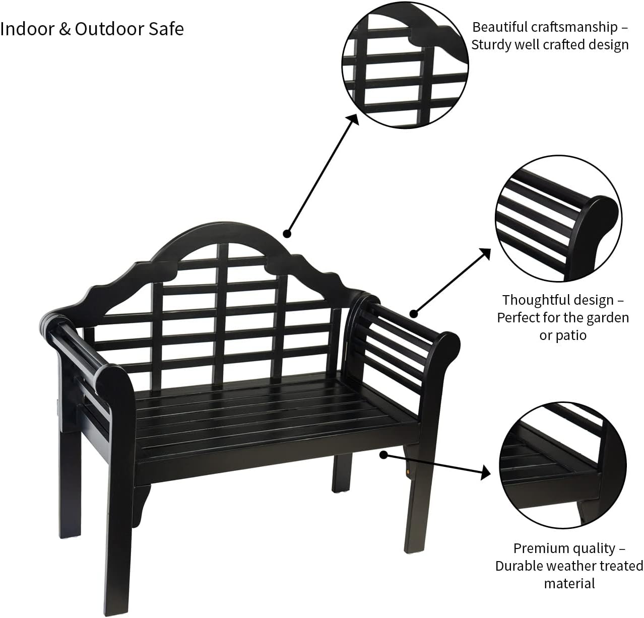 Plow & Hearth Weatherproof Lutyens Eucalyptus Wood Garden Bench | Foldable Patio Bench | Outdoor Furniture Seating for Porch Park Deck | Black