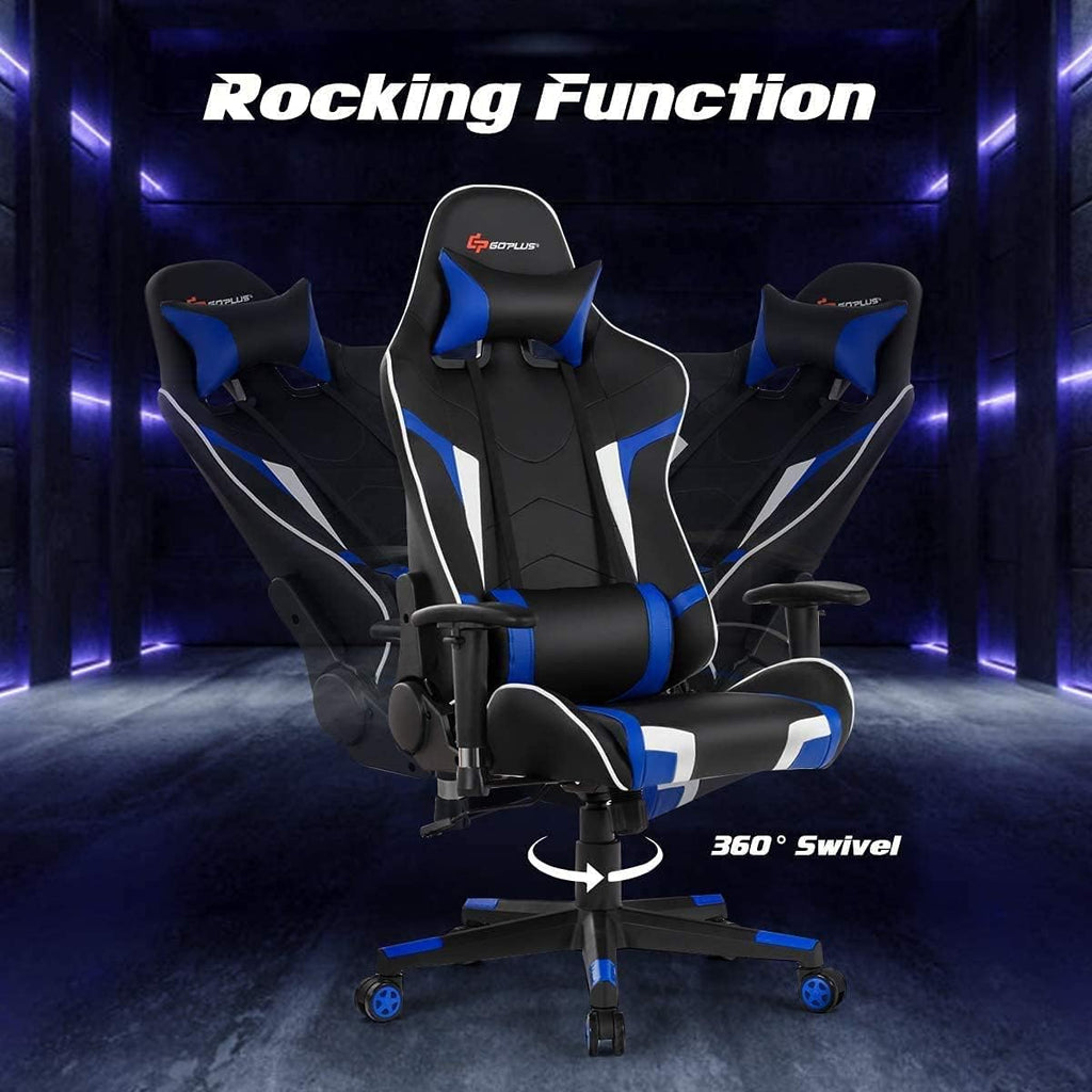 Massage Gaming Chair, High Back Office Computer Chair with Headrest and Lumbar Support, Racing Style Reclining Swiveling Game Chair for Home Office (Blue)