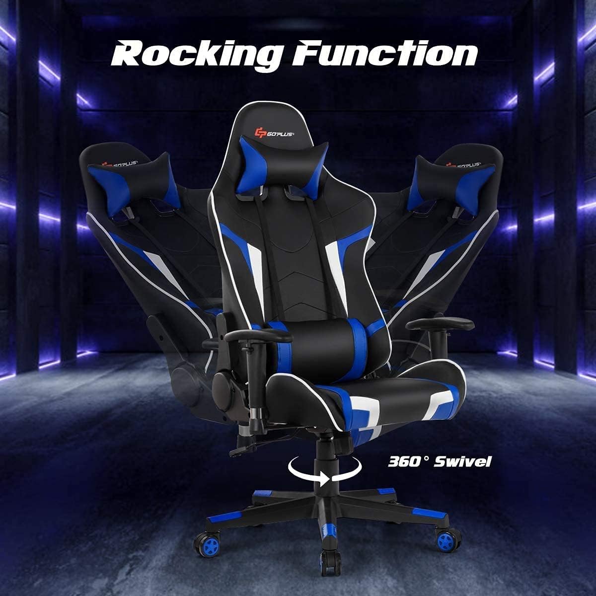 Massage Gaming Chair, High Back Office Computer Chair with Headrest and Lumbar Support, Racing Style Reclining Swiveling Game Chair for Home Office (Blue)