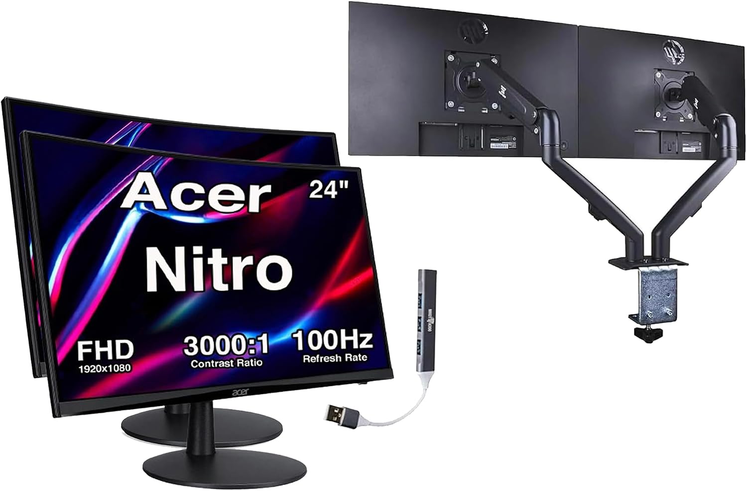 Acer Nitro ED240Q FreeSync FHD 1500R Curve Monitor ZeroFrame Design with 1ms Response Time, VESA Mount (100mm), VGA, HDMI & Dockztorm Hub, Black (UM.UE0AA.H01) & ErgoFlexy Dual Monitor Mount (2Pack)