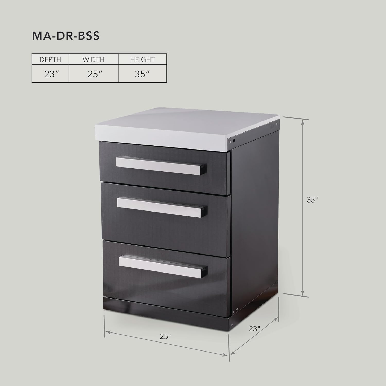 Mont Alpi Premium 25'W Extra Storage Soft-Closing 3-Drawer Slides Black Stainless Steel Right Cabinet Module for Black Series MAi805 & MAi400 Outdoor Kitchen Island Grills + White Granite Countertops