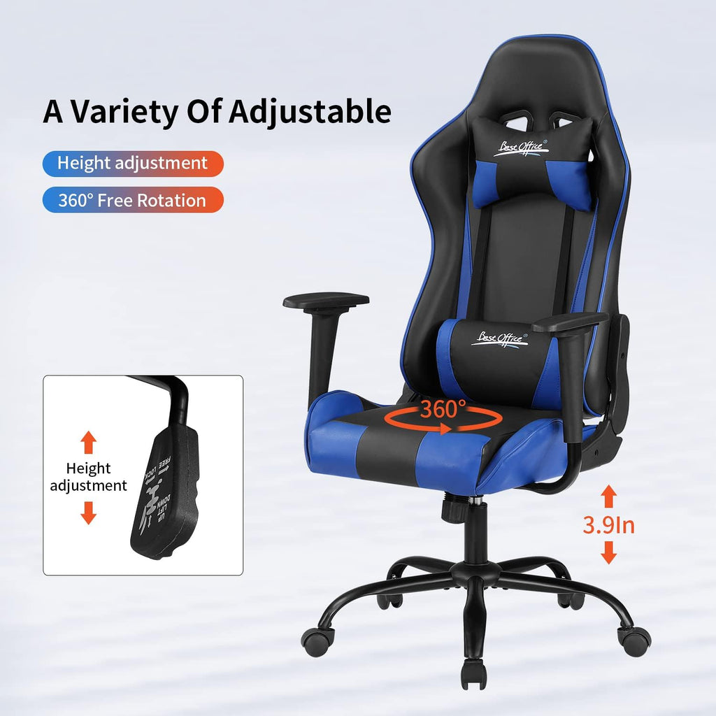 Gaming Chair Office Chair Desk Chair with Lumbar Support Headrest Armrest Task Rolling Swivel Ergonomic E-Sports Adjustable PC Gamer Chair Blue