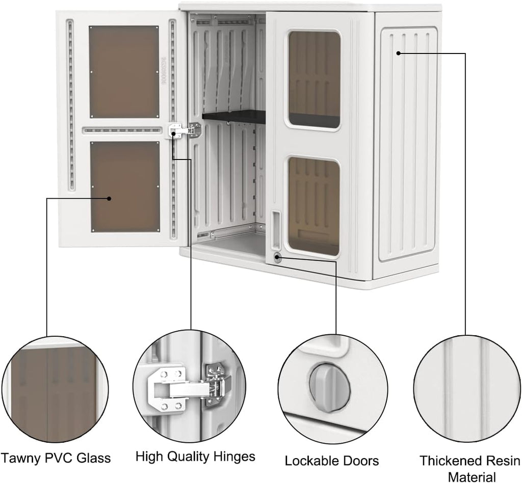 Mrosaa Indoor Outdoor Storage Cabinet Waterproof with Shelf, 13.3' D x 28.9' W x 30.1' H, Lockable Cabinet for Indoor/Outdoor/Garage Storage for Garden Tools/Lawn Care Accessories, White