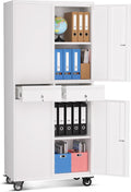 IDEALHOUSE 73'' Metal Storage Cabinet, Heavy Duty Garage Storage with Wheels, Locking Doors and 2 Drawers, Adjustable Shelves for Garage, Workshop, Office, White