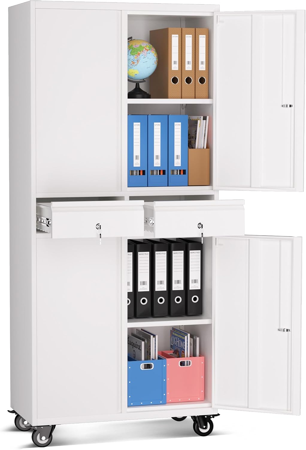 IDEALHOUSE 73'' Metal Storage Cabinet, Heavy Duty Garage Storage with Wheels, Locking Doors and 2 Drawers, Adjustable Shelves for Garage, Workshop, Office, White