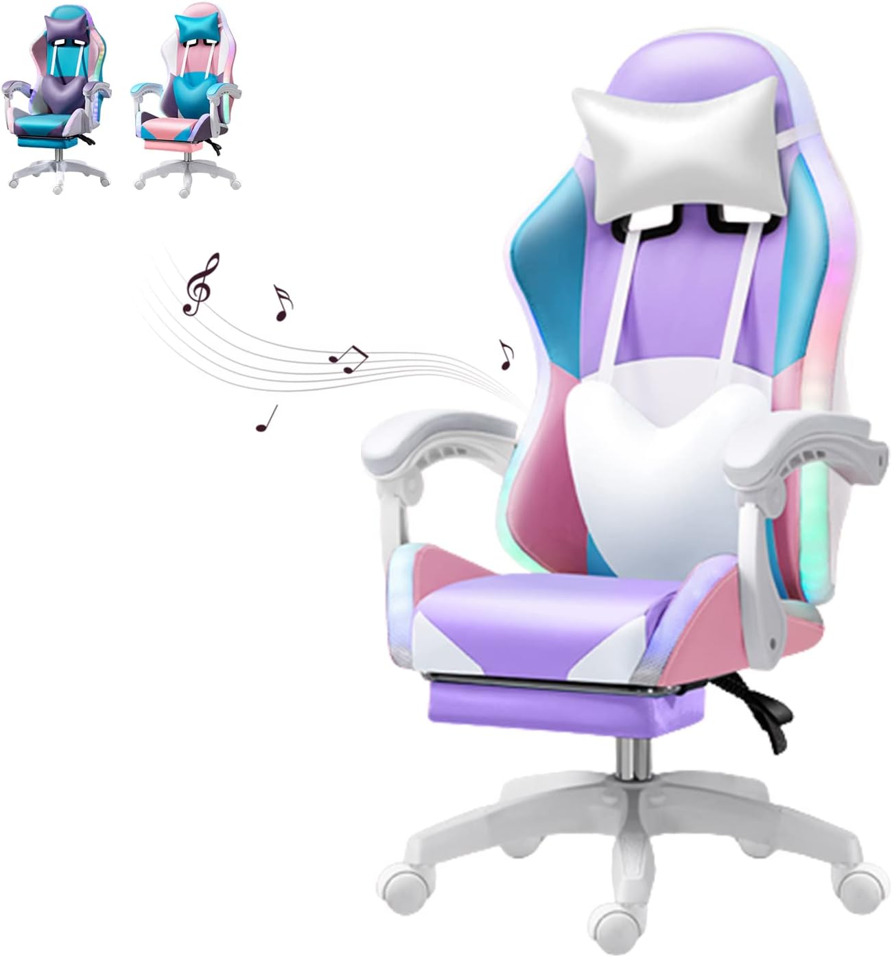 XOOFMASS Gaming Chair with Speakers and RGB LED Lights, Video Game Chair Swivel Reclining Racing Computer Chair with Headrest & Lumbar Support, PU Leather High Back Office Chair,Purple