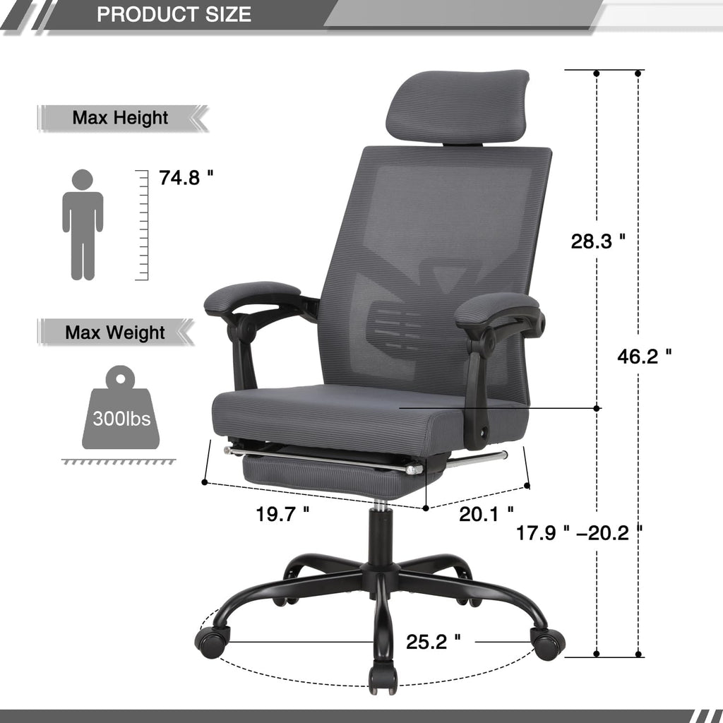 Qulomvs Mesh Ergonomic Office Chair with Footrest Home Office Desk Chair with Headrest and Backrest Adjustable Computer Executive Desk Chair with Wheels 360 Swivel Task Chair