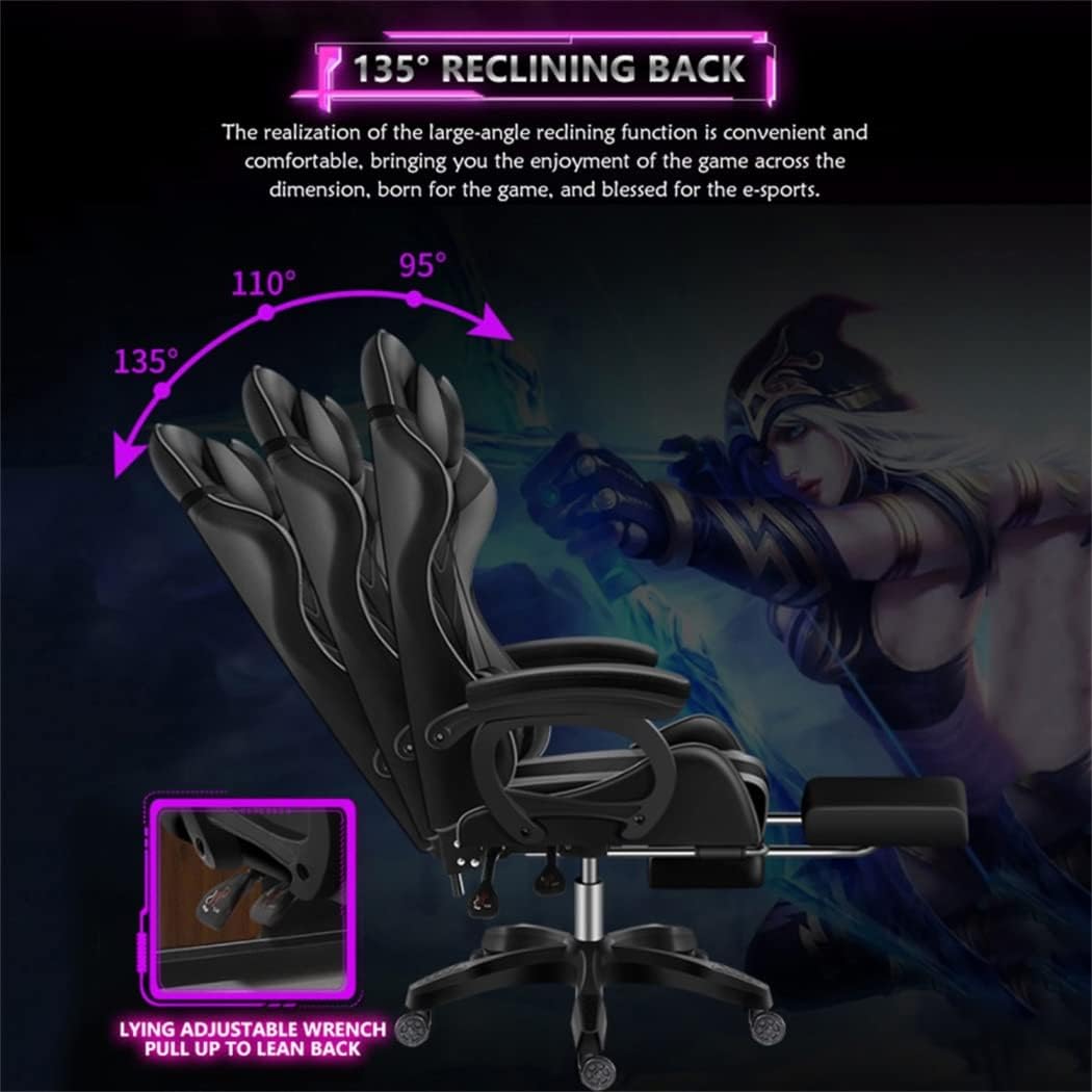 Gaming Chair with Speakers and LED Lights, Massage Computer Chair for Adults, Video Game Chair with Footrest and Lumbar Support, PU Leather Gamer Chair for Adults and Teens,White