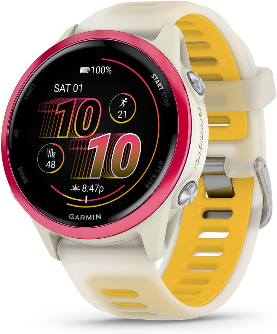 PlayBetter Garmin Forerunner 570 (42mm, Raspberry/Translucent Bone Mango) Advanced GPS Running and Triathlon Smartwatch Bundle HD Screen Protectors & Wireless Earbuds
