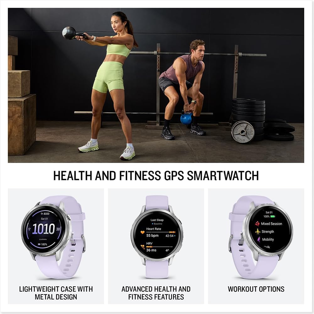 Garmin 010-03013-01 Venu 4, 41mm Health & Fitness GPS Smartwatch Silver with Periwinkle Silicone Band Bundle with Deco Essentials Exclusive 26 Month CPS Enhanced Protection Pack
