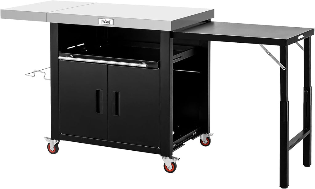 Outdoor Kitchen Island with Cabinet, Outdoor Grill Table with Stainless Steel Top for Pizza Oven& Griddles, Movable Bar Cart with Pull-Out Plate for Parties& Gathering, Heavy-Duty, L74'x W24'