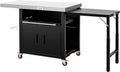 Outdoor Kitchen Island with Cabinet, Outdoor Grill Table with Stainless Steel Top for Pizza Oven& Griddles, Movable Bar Cart with Pull-Out Plate for Parties& Gathering, Heavy-Duty, L74'x W24'