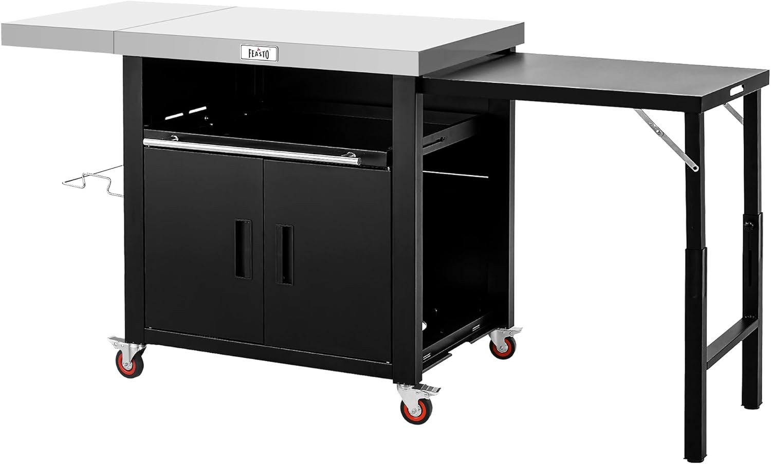 Outdoor Kitchen Island with Cabinet, Outdoor Grill Table with Stainless Steel Top for Pizza Oven& Griddles, Movable Bar Cart with Pull-Out Plate for Parties& Gathering, Heavy-Duty, L74'x W24'
