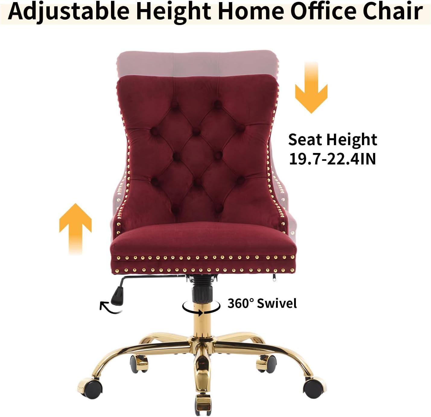 Velvet Home Office Chair with Wheels & Gold Base, Cute Makeup Vanity Chair with Tufted Back for Bedroom, Upholstered Adjustable Swivel Comfy Desk Chair for Girls Women, Burgundy