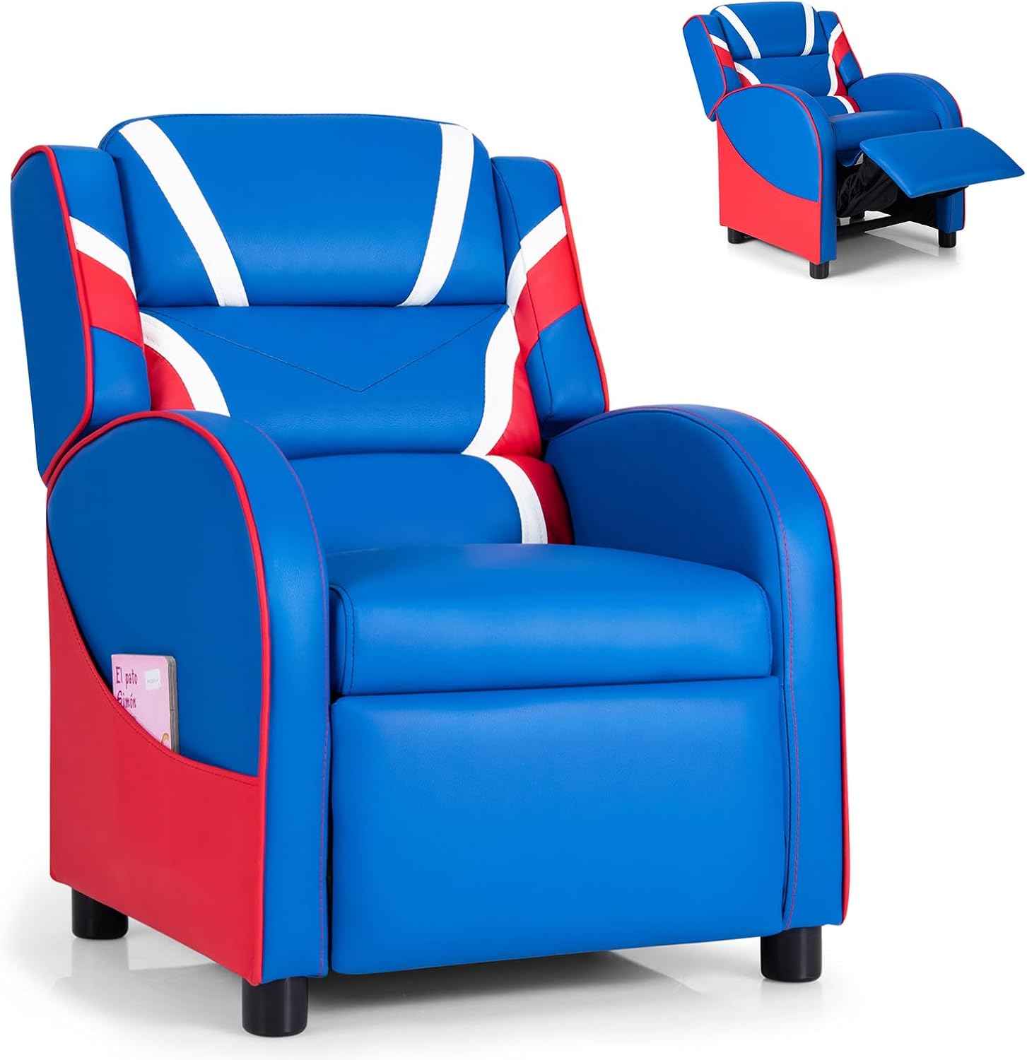 Kids Recliner, Kids Gaming Recliner Chair w/Adjustable Backrest & Footrest, 2 Side Pockets, Leather Armchair for Nursery, Bedroom, Comfy Toddler Chair Sofa for Boys & Girls (Blue)