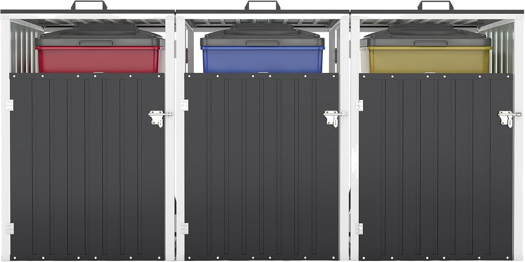Outdoor Metal Trash Can Storage Shed for 3 Garbage Bins, Galvanized Steel Triple Bin Enclosure with Lockable Doors & Hydraulic Lid, Garden Yard Storage Cabinet for Recycling, Dark Gray