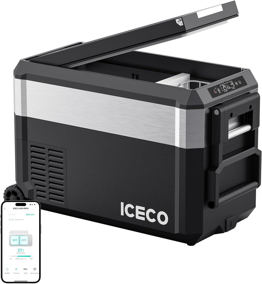 ICECO JP40 ProD 12V Refrigerator, Dual Zone Portable Fridge Freezer Powered by SECOP, Electric Cooler with Wheels,12 Volt Car Fridge with AC/DC, -4℉～68℉, Refrigerator for Car and Home Use