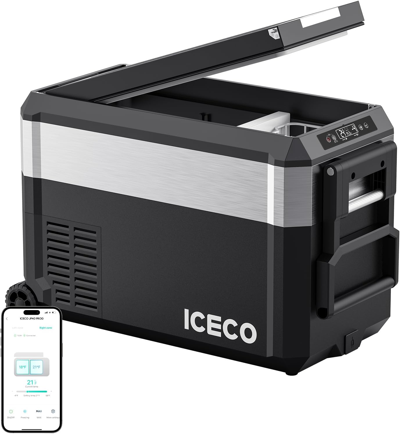 ICECO JP40 ProD 12V Refrigerator, Dual Zone Portable Fridge Freezer Powered by SECOP, Electric Cooler with Wheels,12 Volt Car Fridge with AC/DC, -4℉～68℉, Refrigerator for Car and Home Use