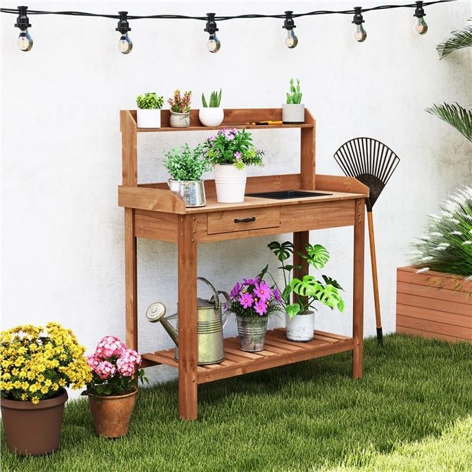ARNOT Potting Bench,Outdoor Potting Bench Table with Sink and Storage Shelves, Wooden Garden Workstation for Gardening Tools, Planting, and Repotting – Natural Fir Wood (38' x 17' x 50')