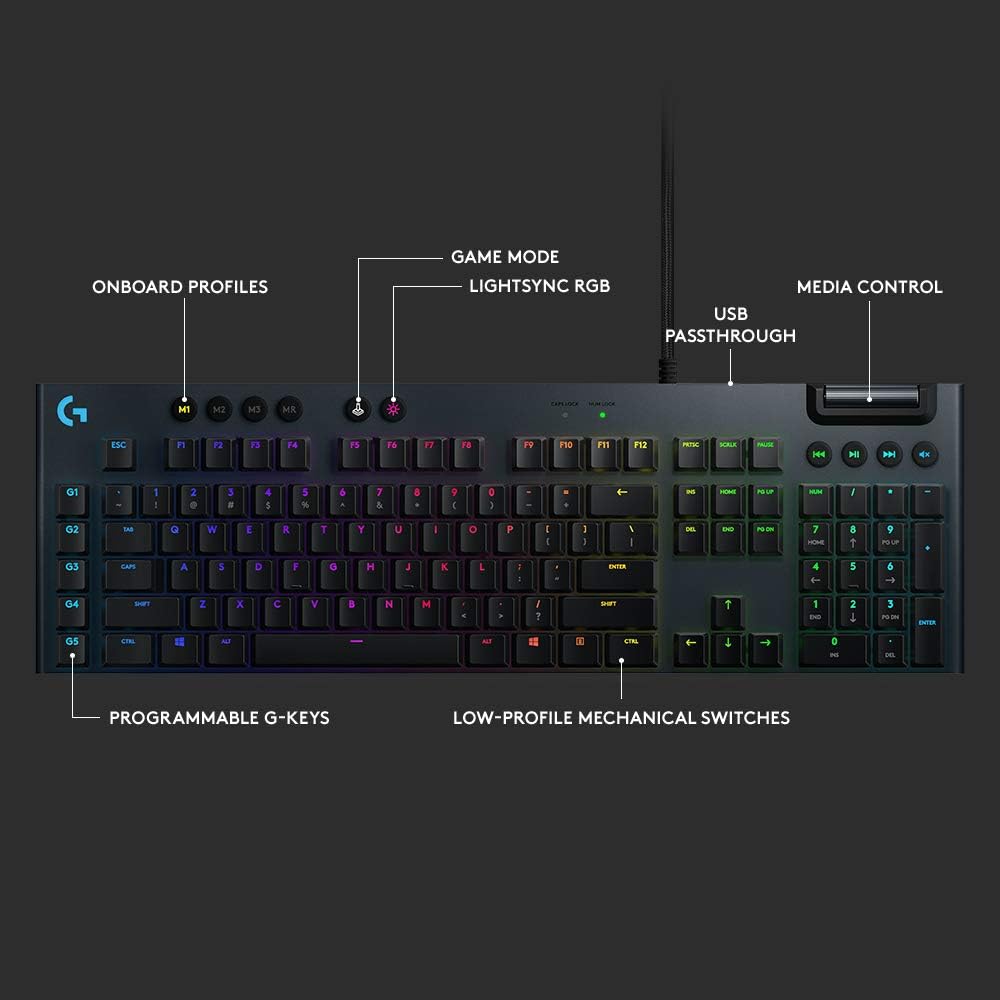 Logitech G815 LIGHTSYNC RGB Mechanical Gaming Keyboard with Low Profile GL Tactile Key Switch, 5 programmable G-Keys, USB Passthrough, Dedicated Media Control - Tactile
