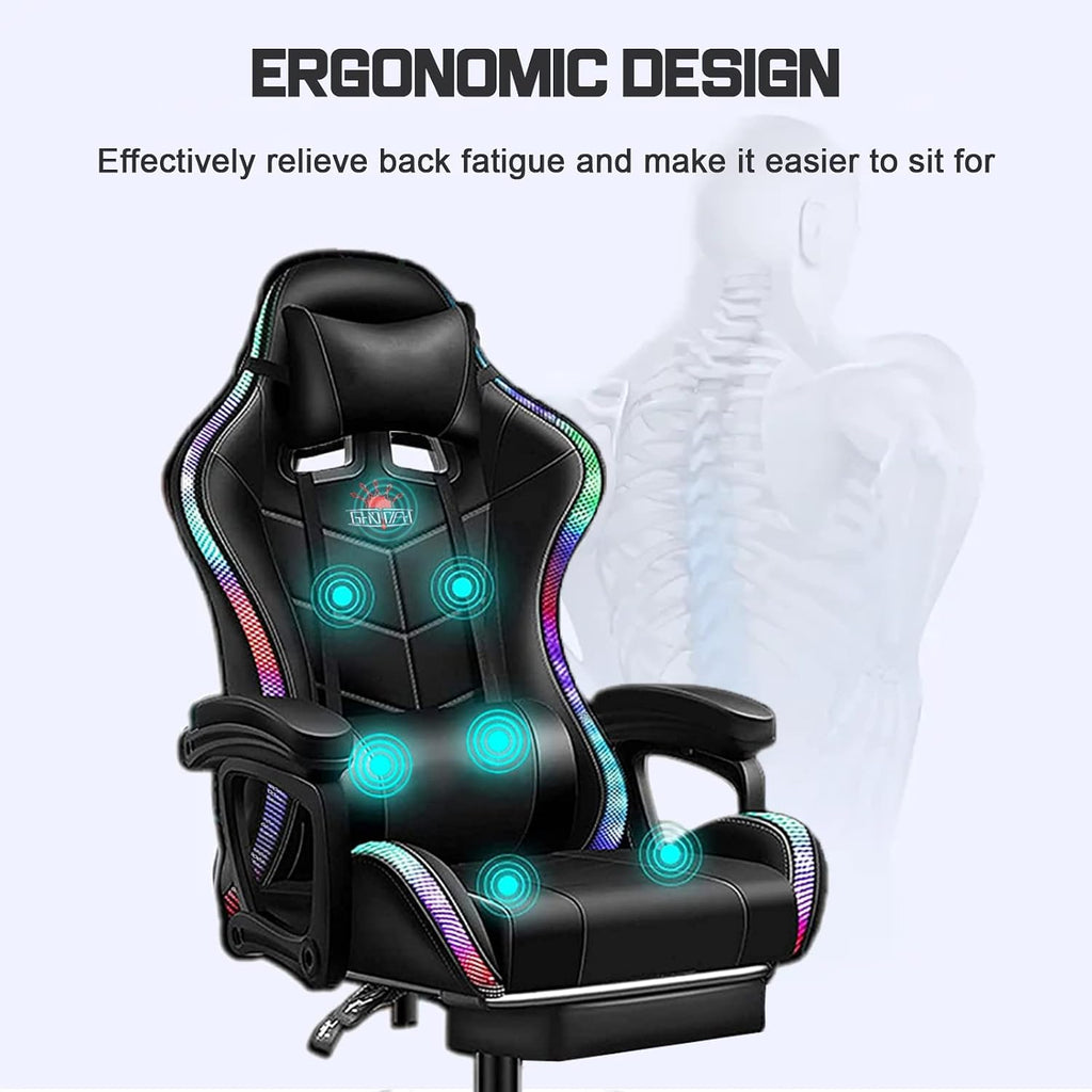 RGB Gaming Chair with Speakers, Massage Computer Chair Ergonomic Racing Game Chairs for Teens PU Leather Recliner Swivel Gamer Chair with Lumbar Support Headrest Armrest and Footrest,Black