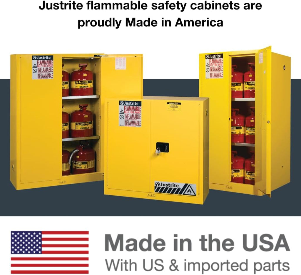Justrite 12 Gallon Manual Close Piggyback Flammable Storage Cabinet, 18 Gauge Steel, 2 Door Fire Cabinet, 18' x 43' x 18', Made in The USA, Yellow, 891300