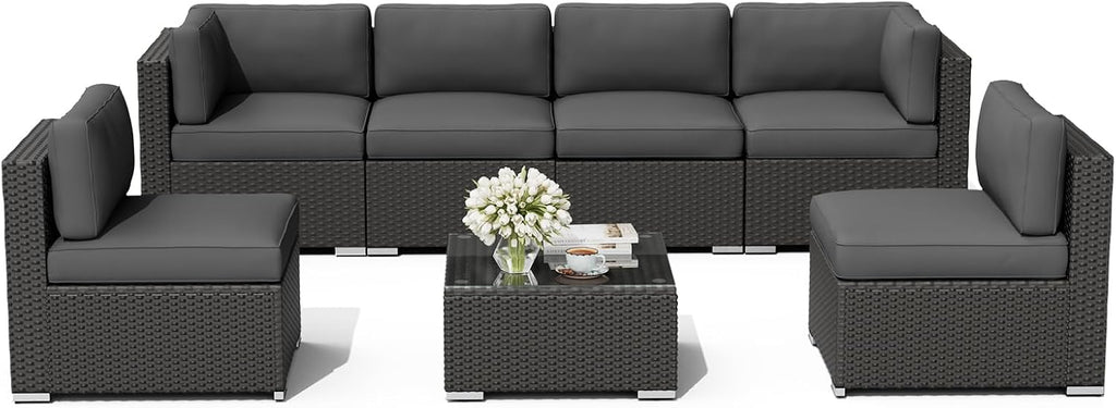 Oakcloud 7-Piece Outdoor Black Rattan Wicker Sectional Conversation Sets Patio Furniture Sofa Set with Cushions and Glass Top Table(Grey)