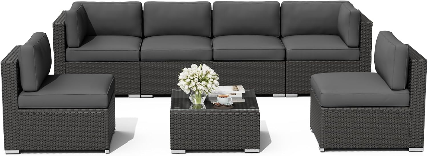 Oakcloud 7-Piece Outdoor Black Rattan Wicker Sectional Conversation Sets Patio Furniture Sofa Set with Cushions and Glass Top Table(Grey)