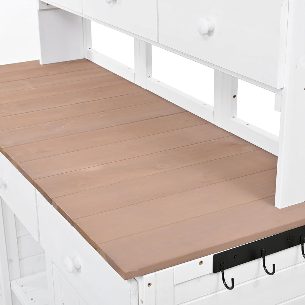 LUMISOL Outdoor Potting Bench Table with Hutch, Solid Fir Wood Patio Storage Workstation with 3 Shelves, 6 Drawers, 2 Bottom Cabinet and Side Hooks for Mudroom, Doorway, White