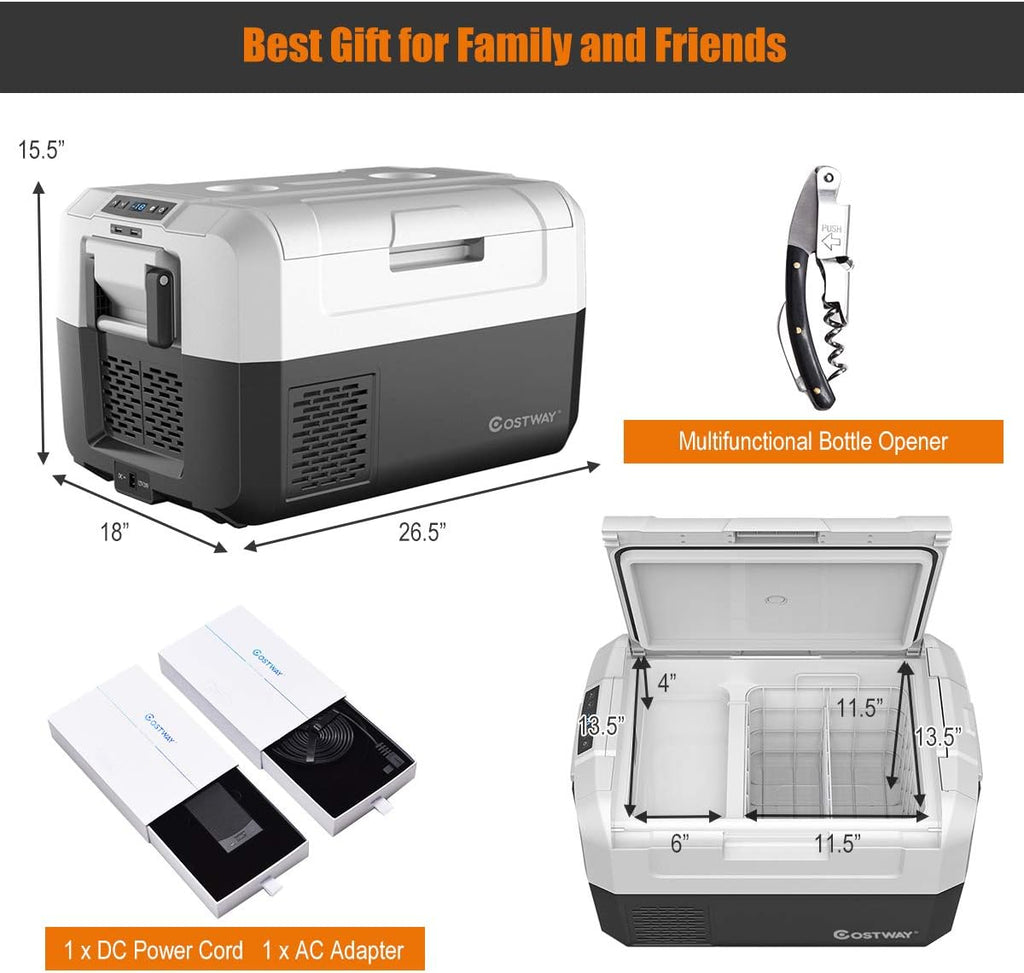 COSTWAY Portable Car Refrigerator, -14.8°F to 50°F, 37-Quart Compressor Travel Fridge with Two-way Open Door, Operating Panel, Groove Design, Compact RV Freezer and Cooler for Outdoor Use