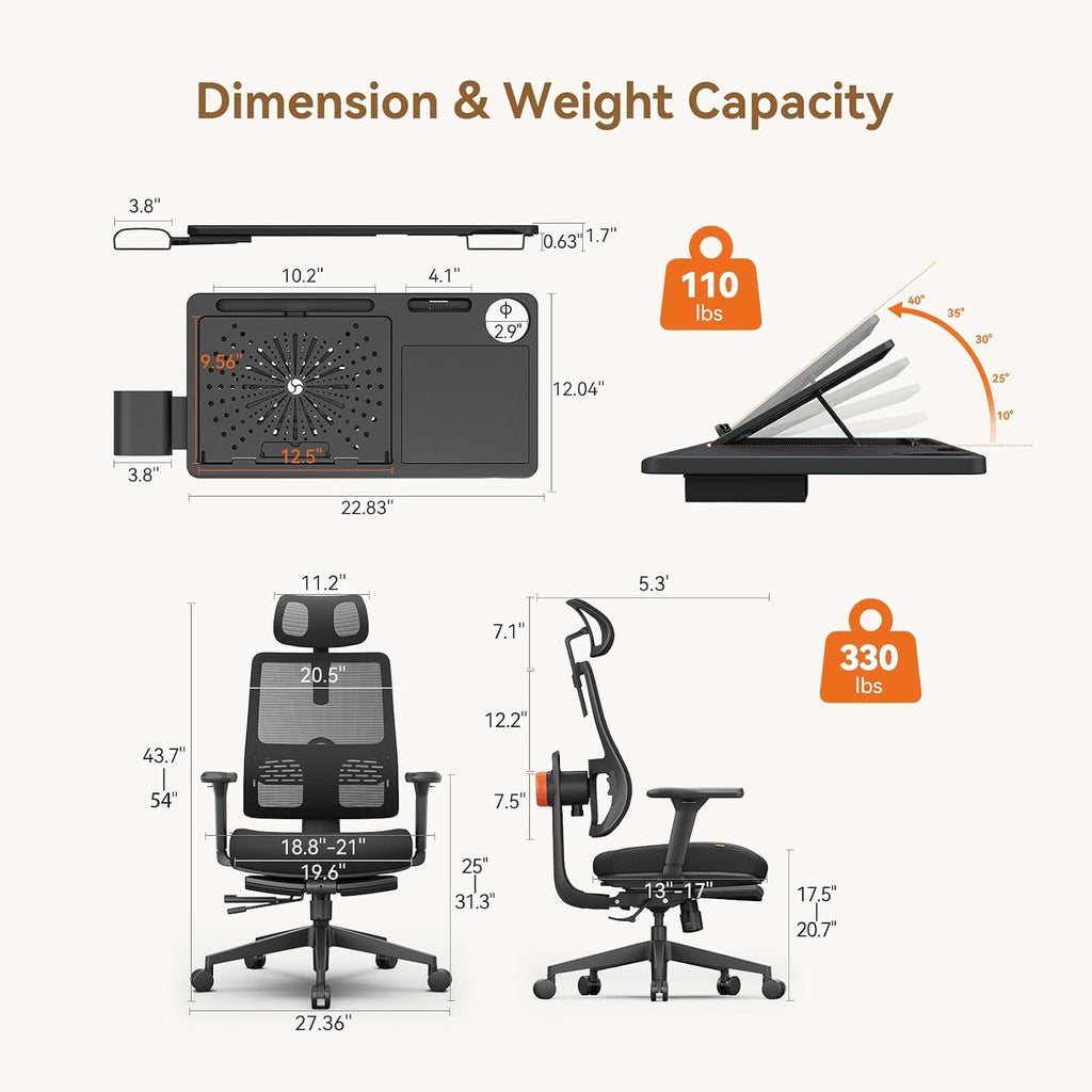 Newtral Office Chair Ergonomic with Footrest, Auto-Following Lumbar Support, High Back Desk Chair with 4D Armrest,136° Tilt Lock, Adjustable Seat Depth & Height (Upgrade with Laptop Tray, Black)