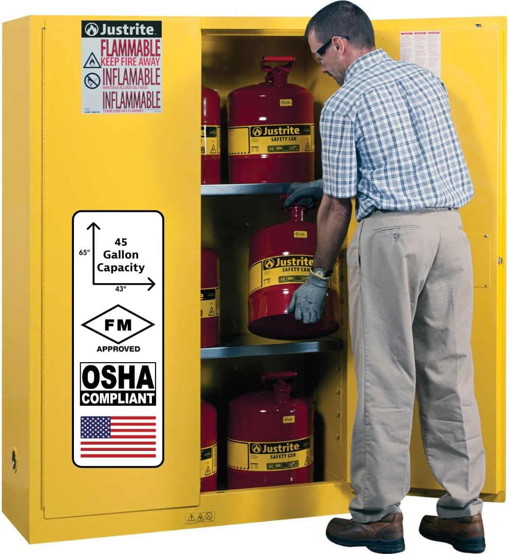 Justrite 45 Gallon Self Close Flammable Storage Cabinet, 18 Gauge Steel, 2 Shelves, 2 Door Fire Cabinet, 65' x 43' x 18', Made in The USA, Yellow, 894520