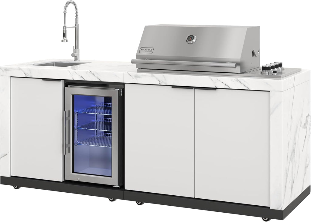 KoolMore Reserve 83 in. Outdoor Kitchen Suite with White Stone Counters and Sides, 4-Burner Grill, Stainless Steel Sink and Faucet