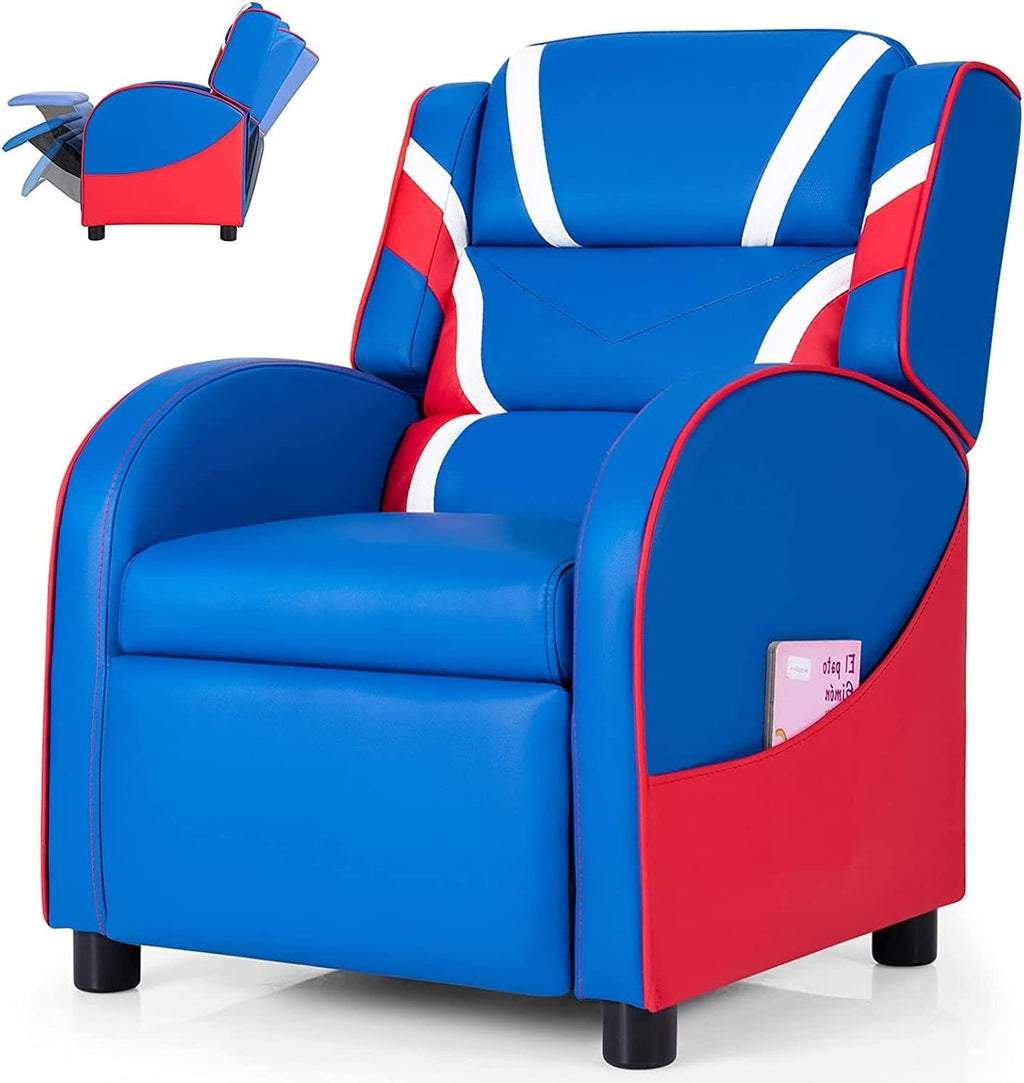 Moccha Kids Recliner Chair with Side Pockets for Boys and Girls Room, Adjustable Kids Couch Chair w/Footrest, Ergonomic Toddler Furniture Sofa (Blue)