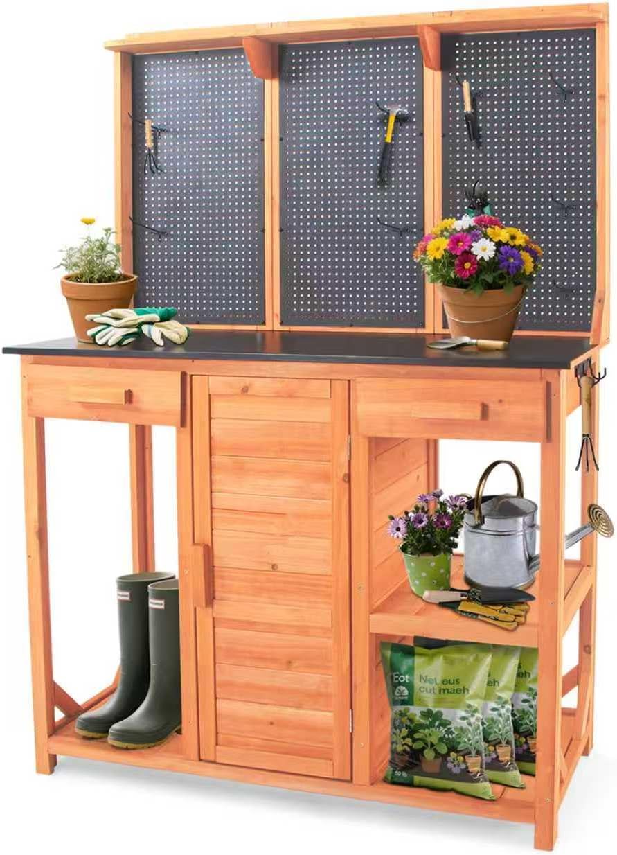 Outdoor Potting Bench,Wooden Potting Table with Metal Tabletop,Garden Work Bench with Drawer and Free Matching Storage Cabinet Shelf/Hooks for Backyard,Patio,Greenhouse (Black, 44 * 20 * 63in)
