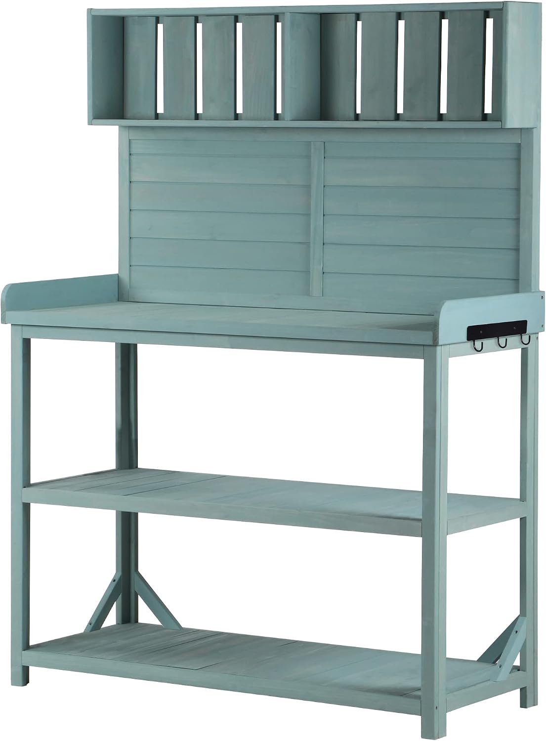 65' Large Outdoor Farmhouse Wooden Potting Bench Table, Patio Workstation with 4 Storage Shelves and Side Hook for Backyard, Mudroom Garden (Green#3, 65')