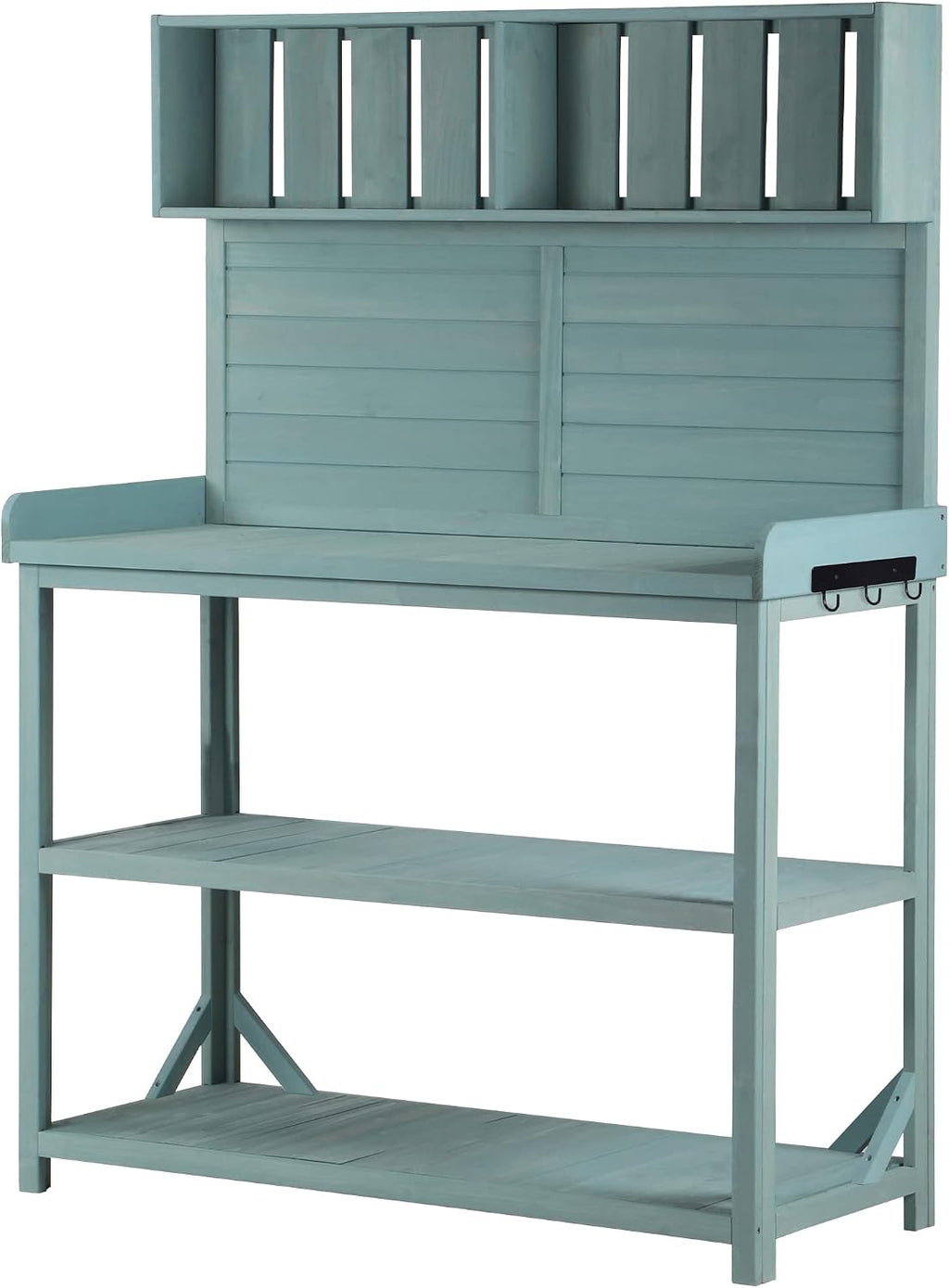 Potting Bench Table with 4 Storage Shelves and Side Hook, Polibi 65' Large Wooden Farmhouse Rustic Outdoor Patio Workstation, Garden Potting Bench with Splash Plate